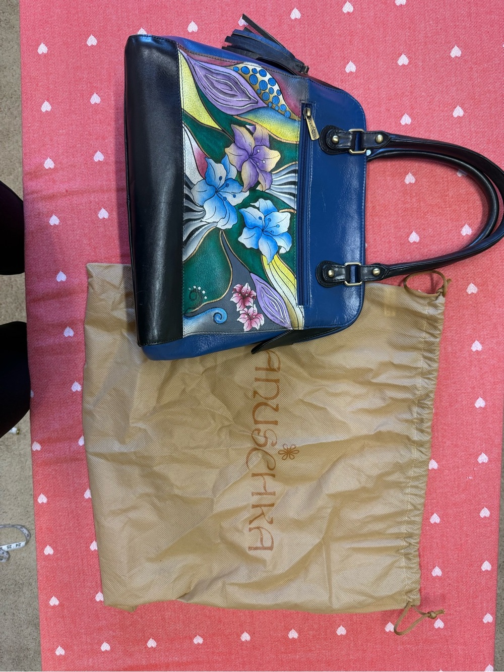 Anuschka Blue & Black Hand-Painted Floral Shoulder Bag